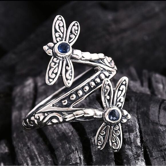 Elegant Sterling Silver Dragonfly Ring Kanchanaburi Blue Sapphires 0.25ctw - Picture 3 of 12